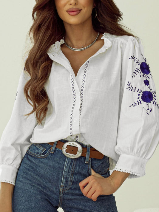 Frill Floral Embroidered Sleeve Shirt