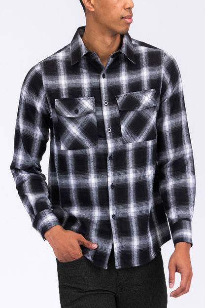 Long Sleeve Checkered Plaid Brushed Flannel