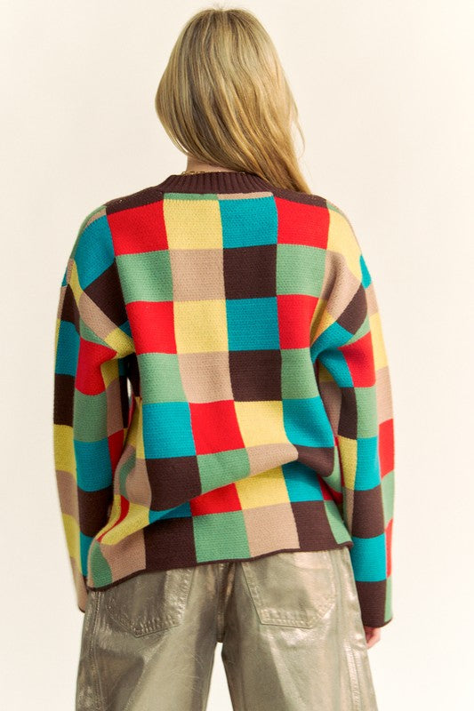 Davi & Dani Color Block Checkered Dropped Shoulder Sweater