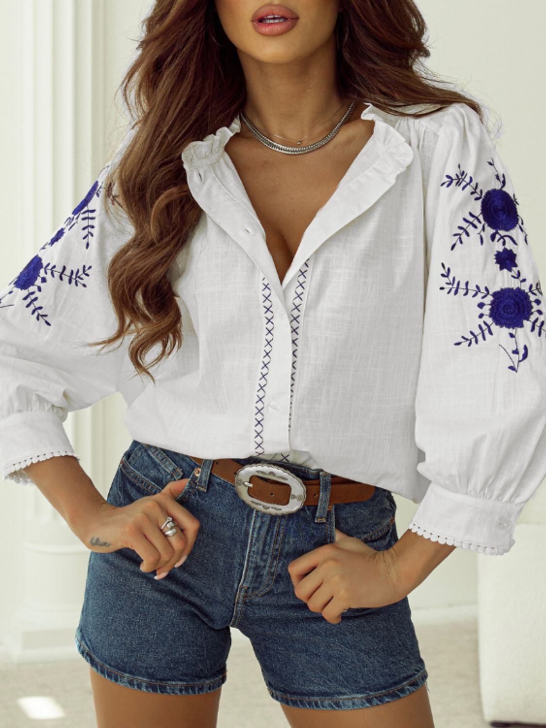 Frill Floral Embroidered Sleeve Shirt