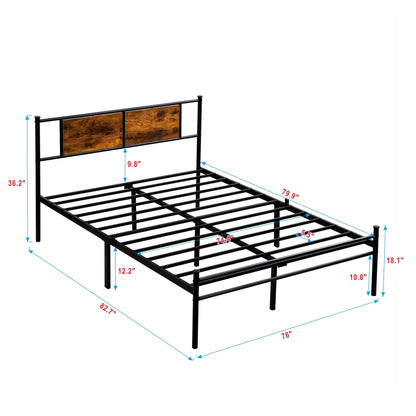 King Size metal bedframe, Headboard with wood panel decoration, black