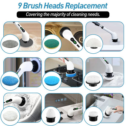 Electric cleaning brush, Electric rotating floor scrubber, Wireless electric rotating washer, Replaceable 9/6 brush heads and adjustable extended handle, USB-C charging cable rotating