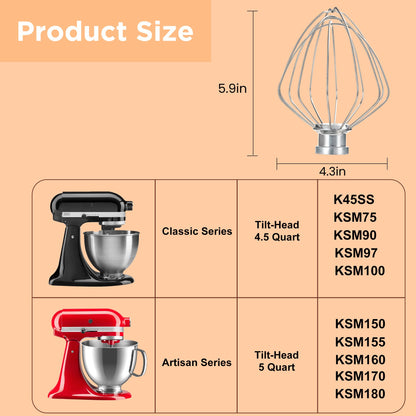 6-Wire Whipped cream Attachment for KitchenAid 4.5-5 Quart Tilt-Head Stand Mixer, K45WW accessory Replacement, Stainless Steel Egg Cream Stirrer, Cake Mayonnaise Whisk, Whipping Egg White