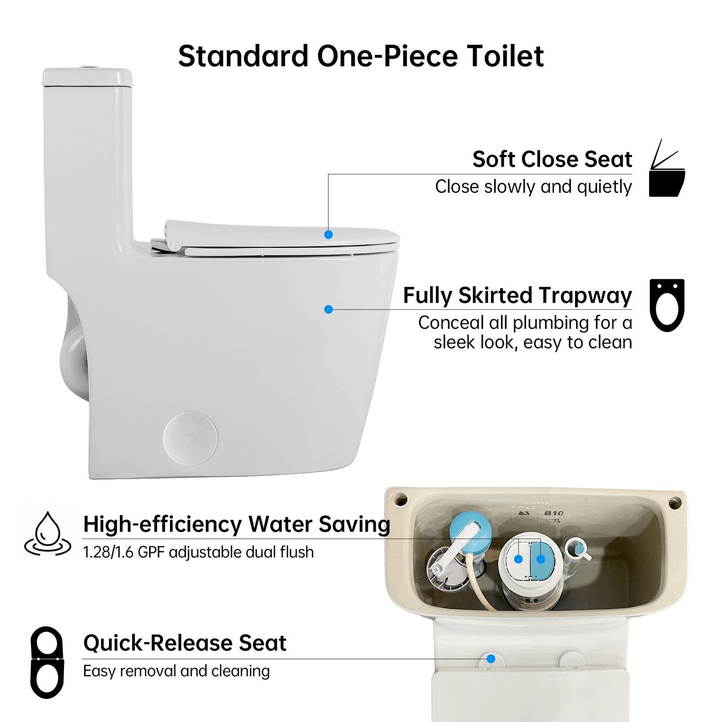 1.1/1.6 GPF Elongated Comfort Height Floor Mounted One-Piece Toilet,  CUPC Certified, Water Sense Cetified, Ceramic, White Color, Soft Close Seat