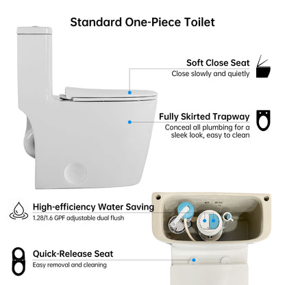 1.1/1.6 GPF Elongated Comfort Height Floor Mounted One-Piece Toilet,  CUPC Certified, Water Sense Cetified, Ceramic, White Color, Soft Close Seat