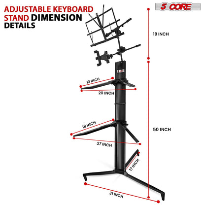 5 CORE 2 Tier Heavy Duty Multi Functional Portable Music Stand Digital Keyboard Stand Extension Adapter Telescopic Arm Mic Stand Height with Adjustment Bag Included - KS C 2TD BLK AL