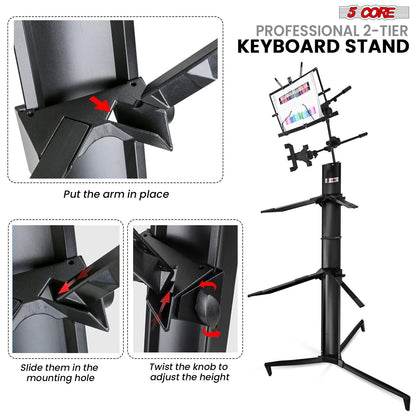 5 CORE 2 Tier Heavy Duty Multi Functional Portable Music Stand Digital Keyboard Stand Extension Adapter Telescopic Arm Mic Stand Height with Adjustment Bag Included - KS C 2TD BLK AL