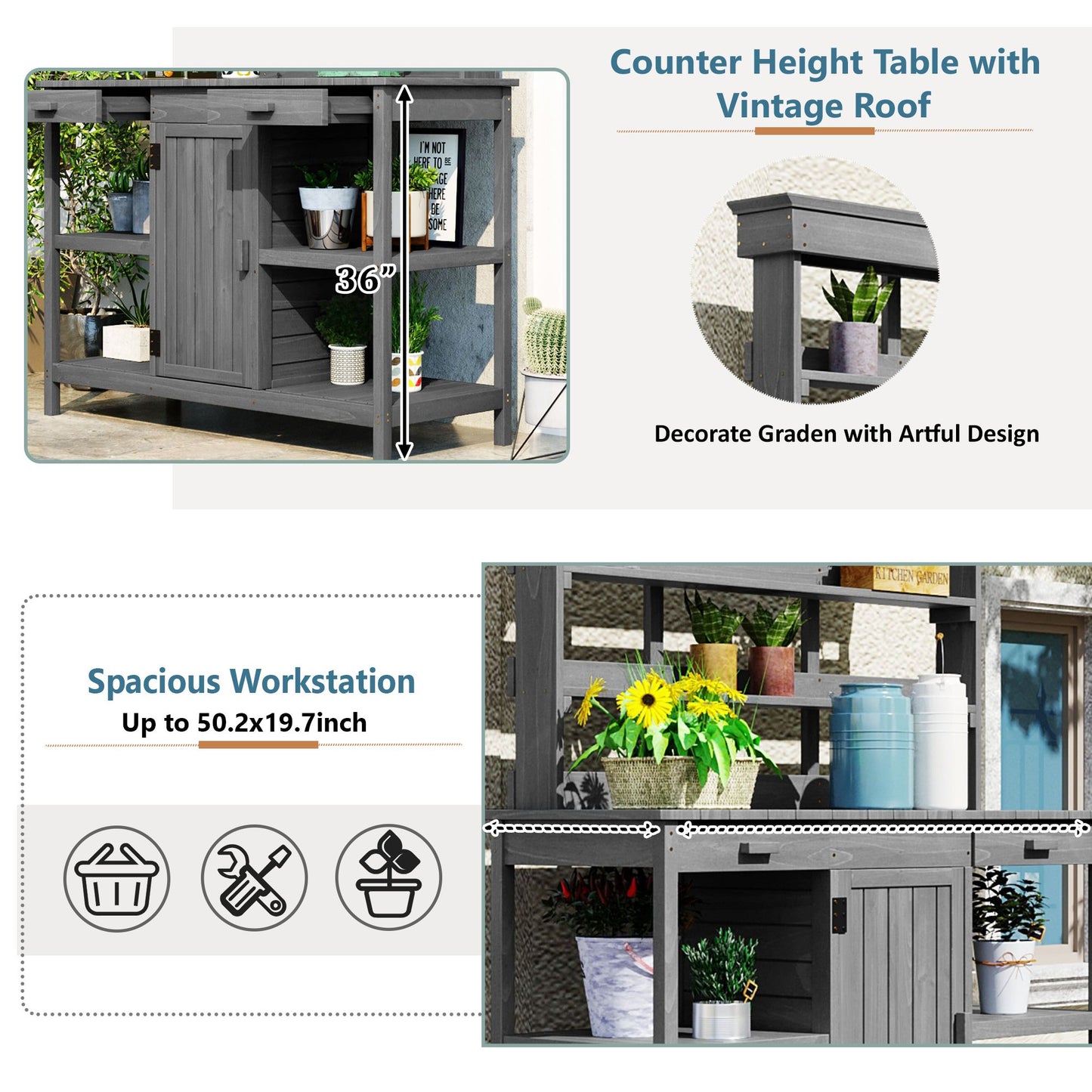 66\\\" Large Outdoor Farmhouse Wooden Potting Bench Table, Garden Workstation with 2 Drawers, Cabinet and Open Shelves for Backyard, Mudroom