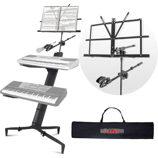 5 CORE 2 Tier Heavy Duty Multi Functional Portable Music Stand Digital Keyboard Stand Extension Adapter Telescopic Arm Mic Stand Height with Adjustment Bag Included - KS C 2TD BLK AL