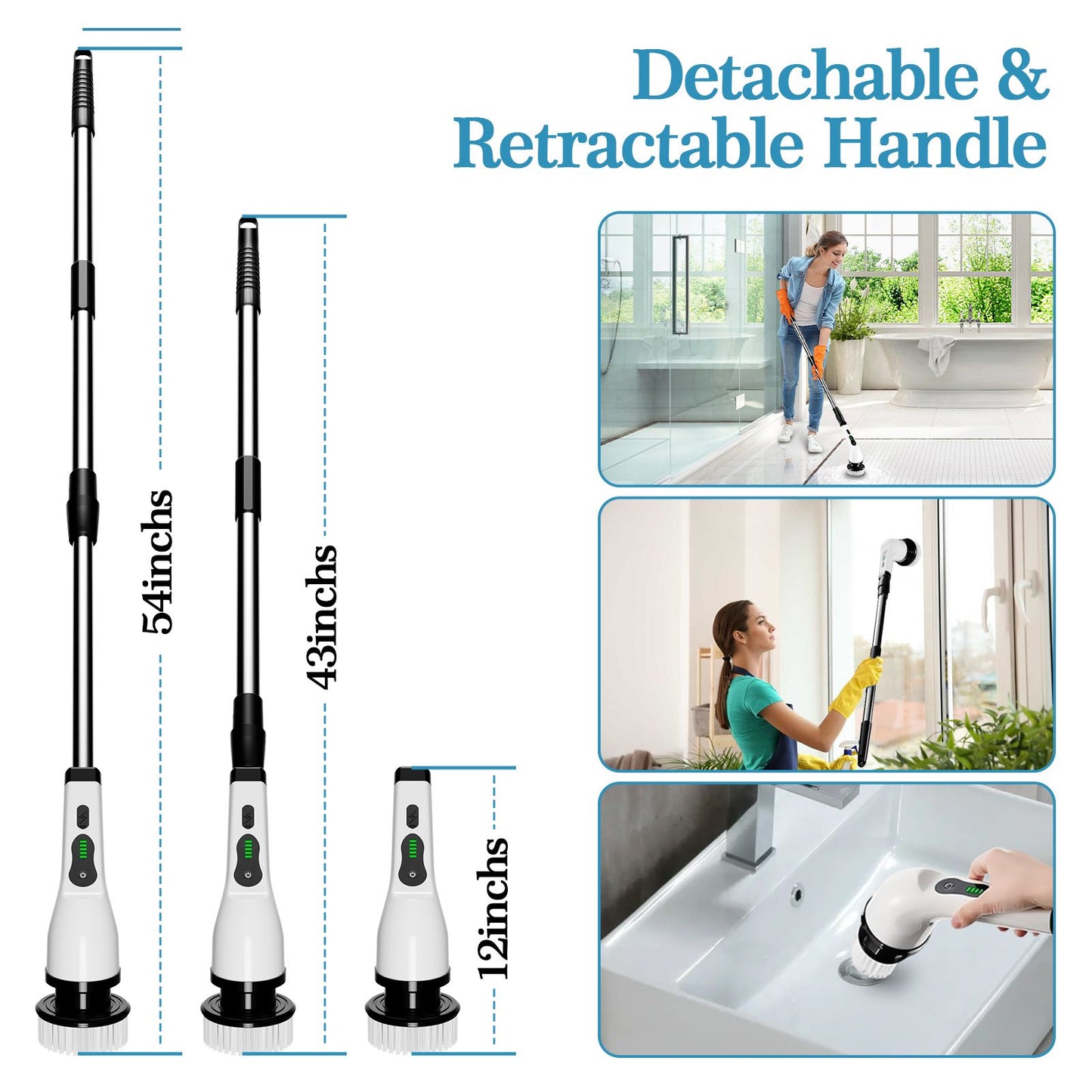 Electric cleaning brush, Electric rotating floor scrubber, Wireless electric rotating washer, Replaceable 9/6 brush heads and adjustable extended handle, USB-C charging cable rotating