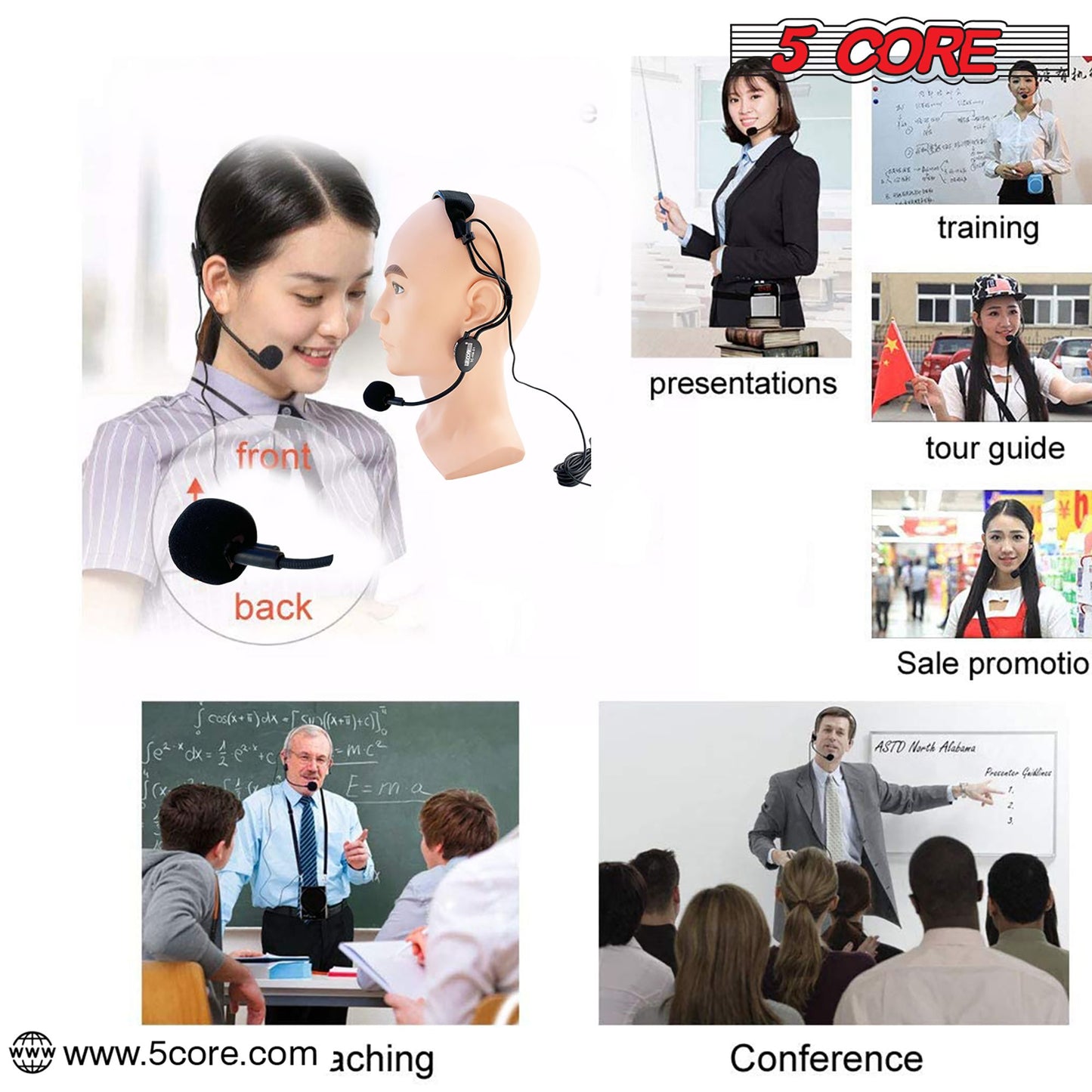 5 Core Headset Microphone Professional Flexible Boom Wired Hands Free Mic 1/4" Connector Jack for Speakers Voice Amplifier Coaches PA System - MIC HM 01