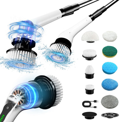 Electric cleaning brush, Electric rotating floor scrubber, Wireless electric rotating washer, Replaceable 9/6 brush heads and adjustable extended handle, USB-C charging cable rotating