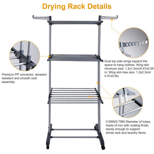 Clothes Drying Rack Rolling Collapsible Laundry Dryer Hanger Stand Rail Shelve Wardrobe Clothing Drying Racks w/ Dual Side Wings