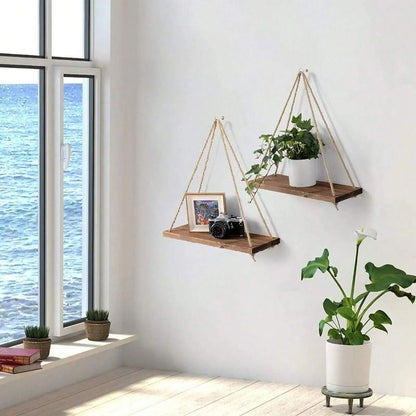 Wooden Swing Hanging Hemp Rope Wall Shelve Mounted Floating Home Living Room Plant Flower Pot Tray Storage Garden Decoration