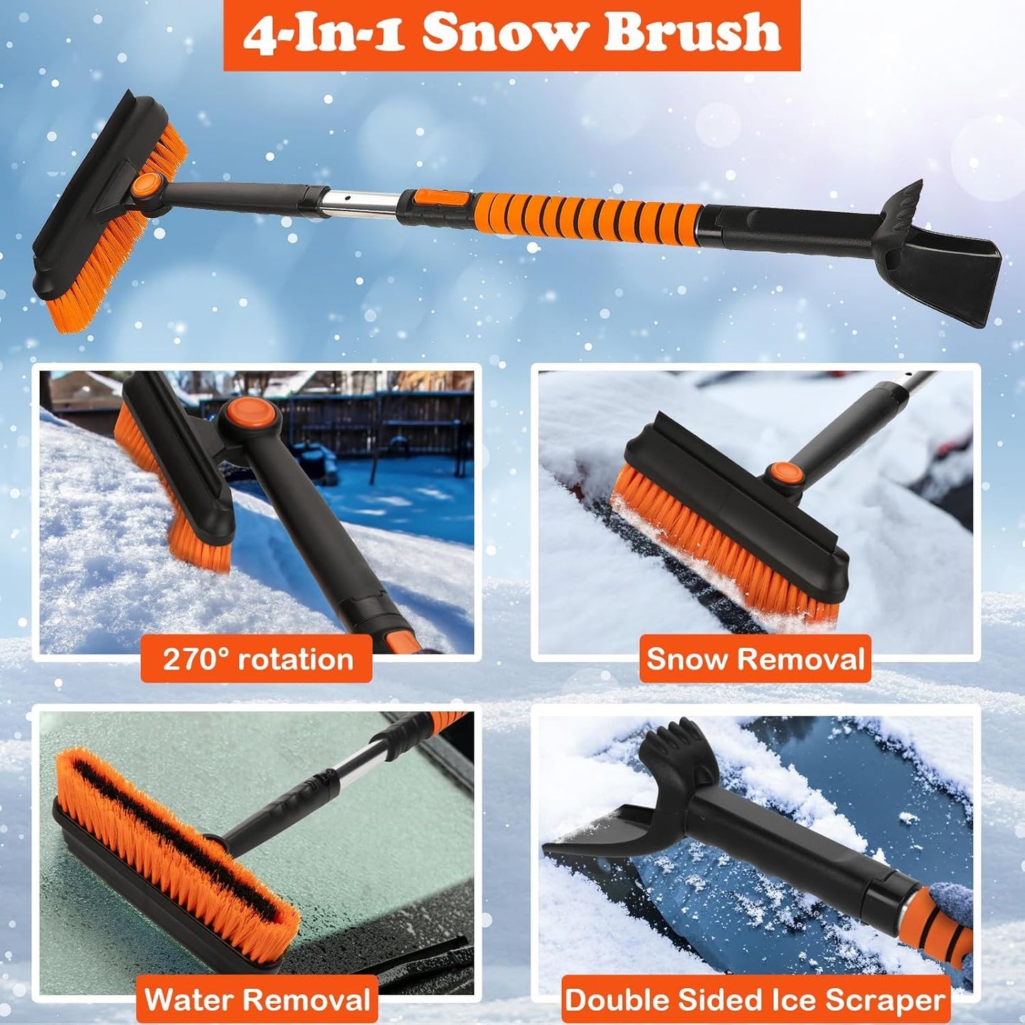 5-in-1 extensible snow broom, car snow brush and snow shovel kit, with car windshield ice scraper, with scraper, foam grip, 270 ° rotary snow brush head and snow shovel for car truck SUV