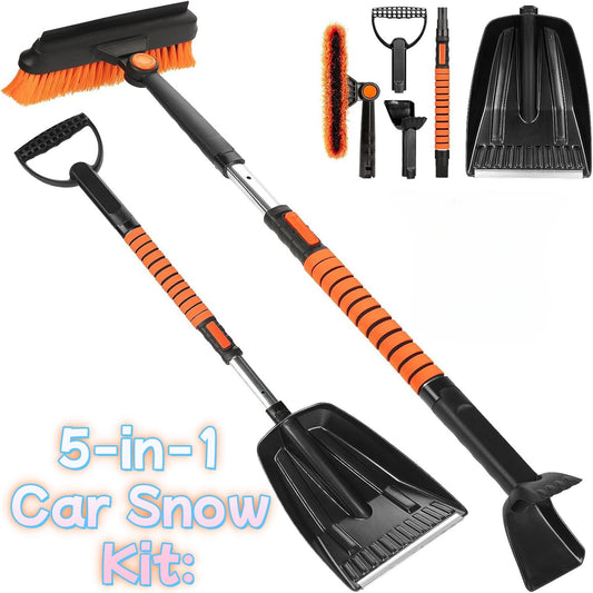 5-in-1 extensible snow broom, car snow brush and snow shovel kit, with car windshield ice scraper, with scraper, foam grip, 270 ° rotary snow brush head and snow shovel for car truck SUV