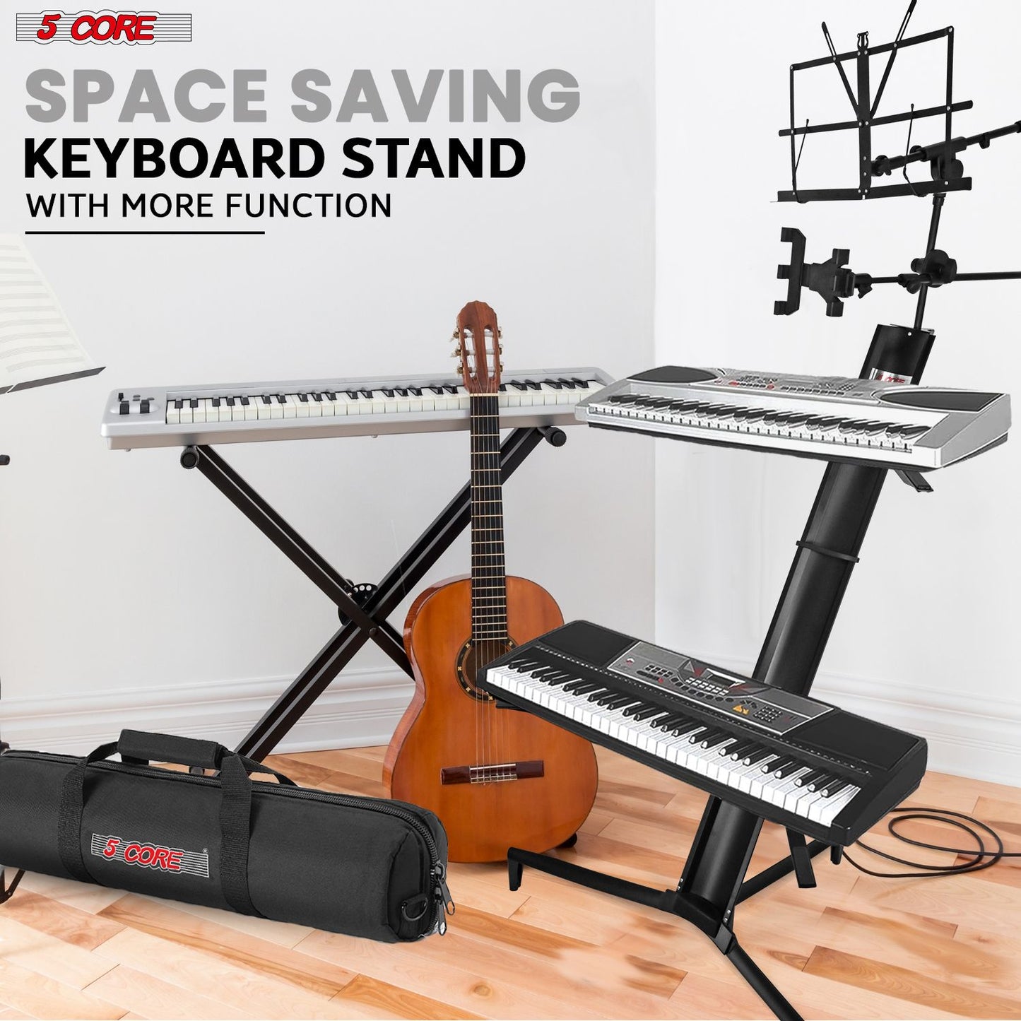 5 CORE 2 Tier Heavy Duty Multi Functional Portable Music Stand Digital Keyboard Stand Extension Adapter Telescopic Arm Mic Stand Height with Adjustment Bag Included - KS C 2TD BLK AL