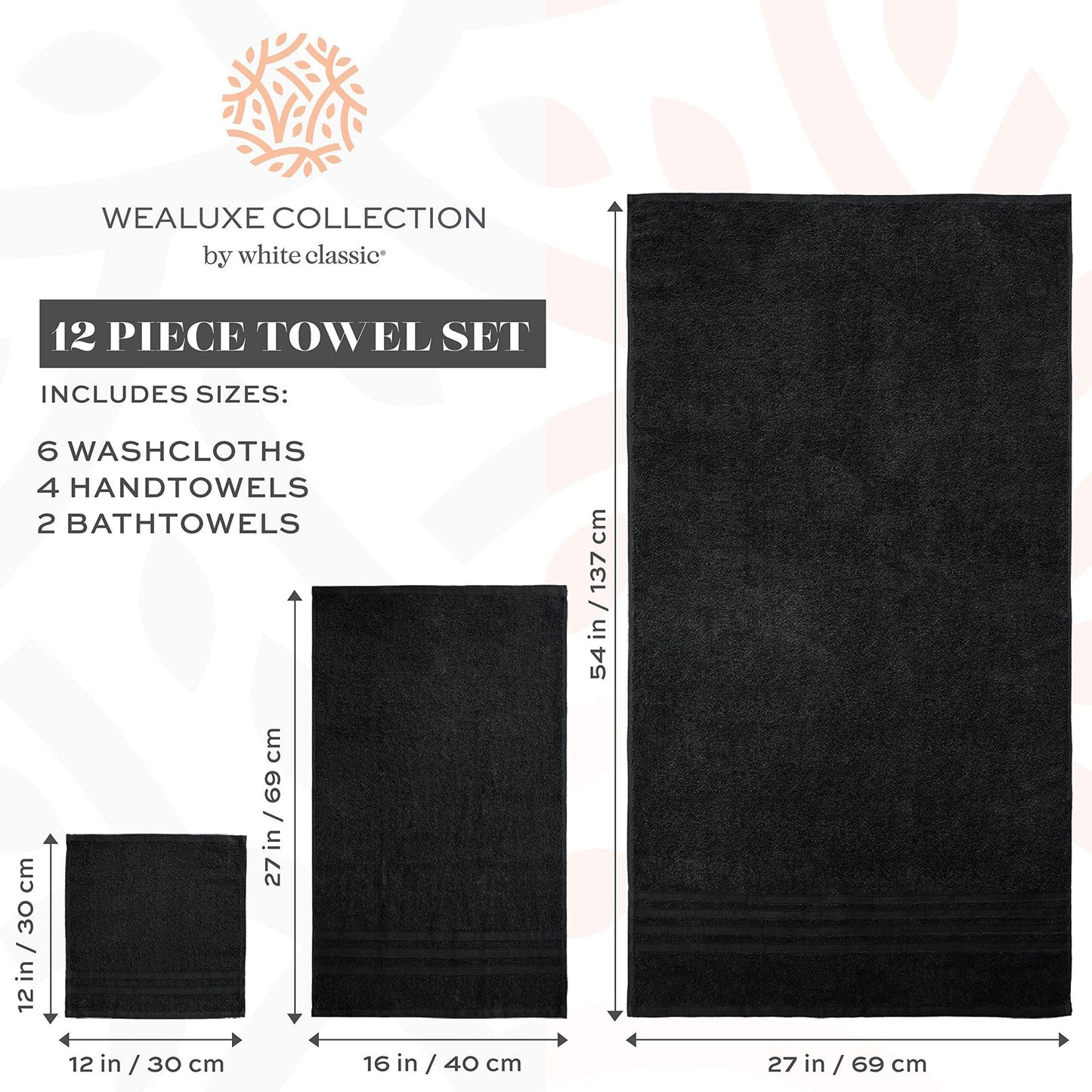 Black 12 Piece Bath Towel Set for Bathroom Wealuxe Collection 2 Bath Towels 4 Hand Towels 6 Washcloths 100% Cotton Soft and Plush Highly Absorbent Soft Towel for Hotel & Spa