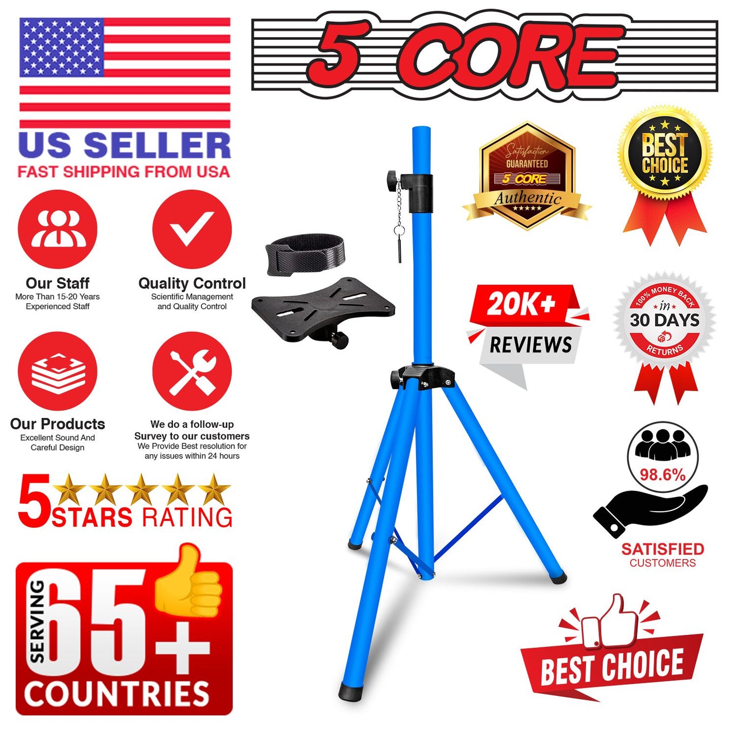 5 Core Speaker Stand Tripod Floor Tall Adjustable Up to 72 Inch DJ Studio Monitor Stands Pole Mount - SS ECO 1PK WOB