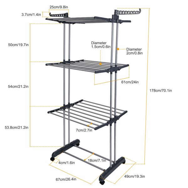 Clothes Drying Rack Rolling Collapsible Laundry Dryer Hanger Stand Rail Shelve Wardrobe Clothing Drying Racks w/ Dual Side Wings