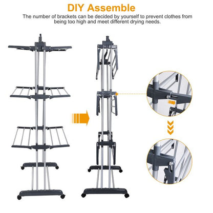 Clothes Drying Rack Rolling Collapsible Laundry Dryer Hanger Stand Rail Shelve Wardrobe Clothing Drying Racks w/ Dual Side Wings