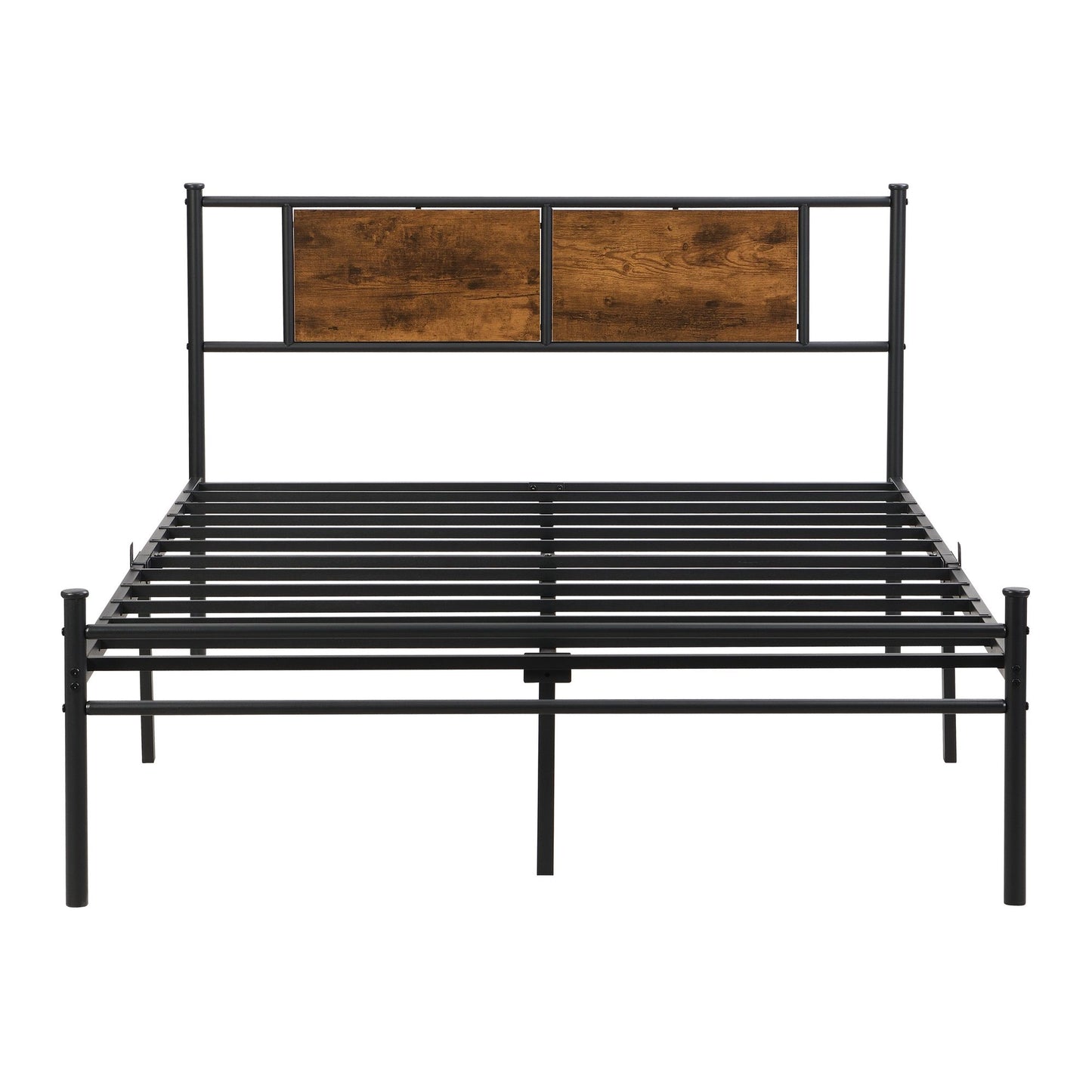 Full Size metal bedframe, Headboard with wood panel decoration, black