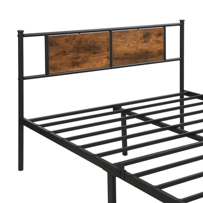 King Size metal bedframe, Headboard with wood panel decoration, black