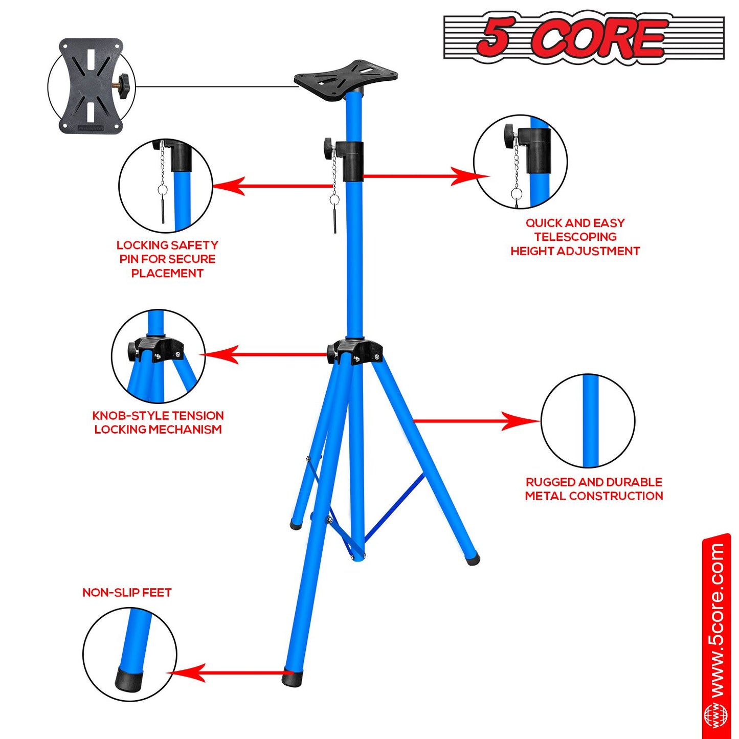 5 Core Speaker Stand Tripod Floor Tall Adjustable Up to 72 Inch DJ Studio Monitor Stands Pole Mount - SS ECO 1PK WOB