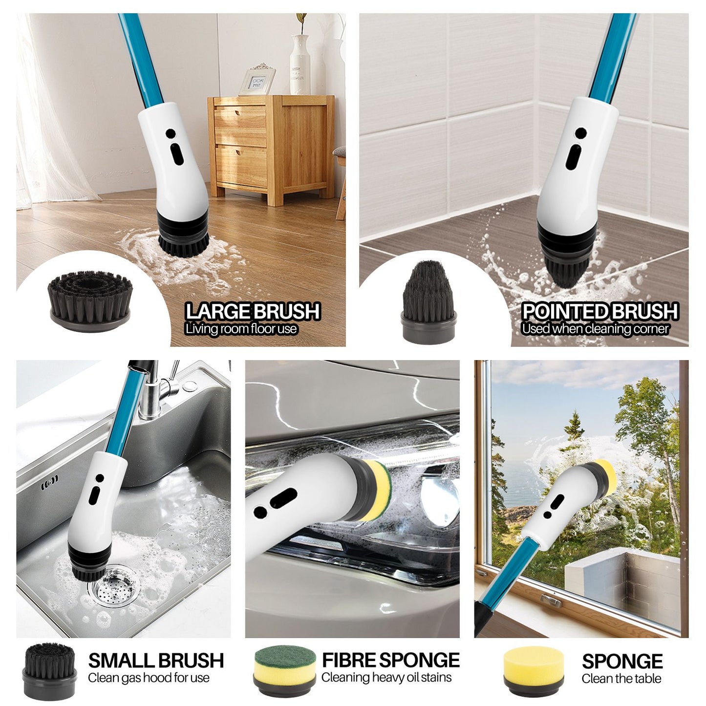 Electric Self Rotating Cleaning Brush, Waterproof Rotating Washer, Can Add Cleaning Solution,Replaceable with 5/7/9 Brush Heads, Suitable for Multifunctional, With 2 Adjustable Speeds