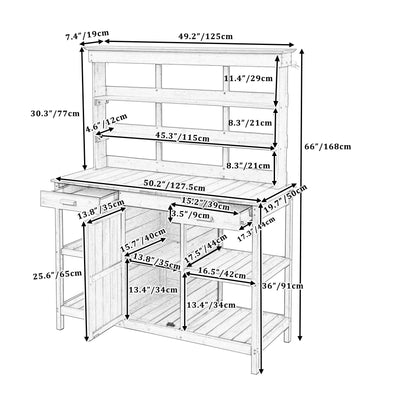 66\\\" Large Outdoor Farmhouse Wooden Potting Bench Table, Garden Workstation with 2 Drawers, Cabinet and Open Shelves for Backyard, Mudroom