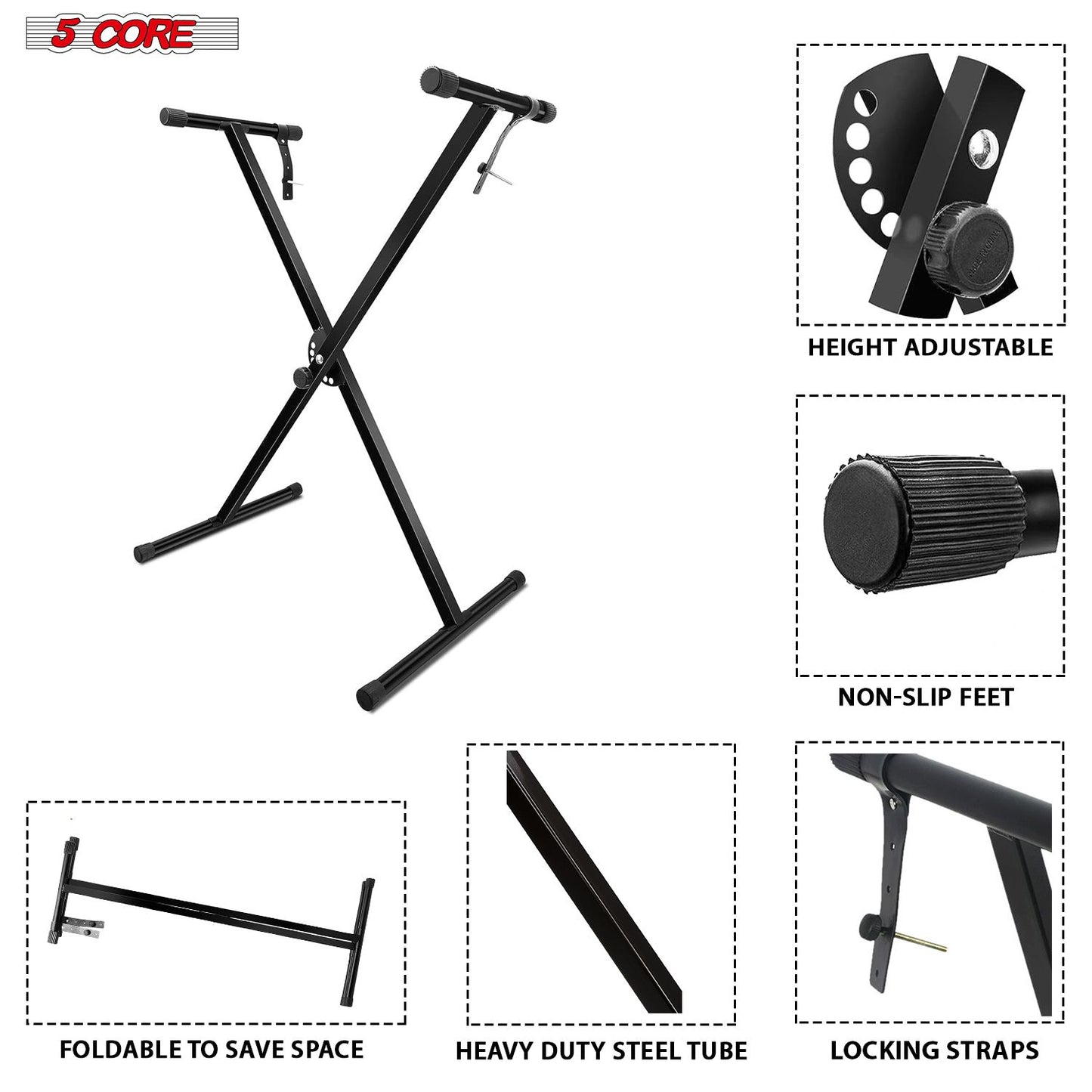 5 CORE Keyboard Stand Single X Style Adjustable Digital Electric Piano Riser Durable & Sturdy Music Synthesizer Holder Stands For 61 76 88 Keys - KS 1X