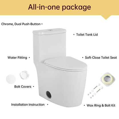 1.1/1.6 GPF Elongated Comfort Height Floor Mounted One-Piece Toilet,  CUPC Certified, Water Sense Cetified, Ceramic, White Color, Soft Close Seat