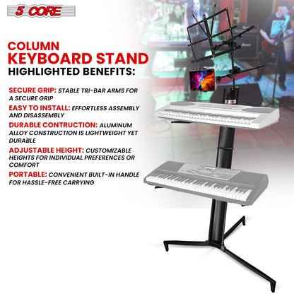 5 CORE 2 Tier Heavy Duty Multi Functional Portable Music Stand Digital Keyboard Stand Extension Adapter Telescopic Arm Mic Stand Height with Adjustment Bag Included - KS C 2TD BLK AL