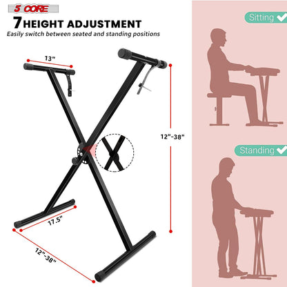 5 CORE Keyboard Stand Single X Style Adjustable Digital Electric Piano Riser Durable & Sturdy Music Synthesizer Holder Stands For 61 76 88 Keys - KS 1X