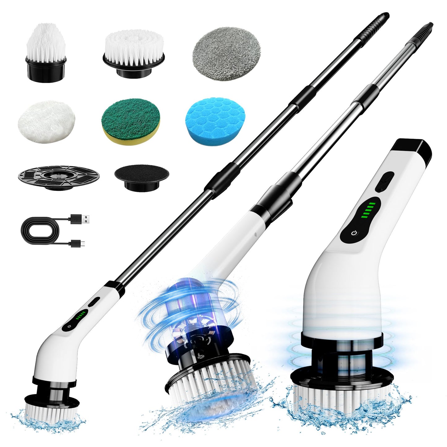 Electric cleaning brush, Electric rotating floor scrubber, Wireless electric rotating washer, Replaceable 9/6 brush heads and adjustable extended handle, USB-C charging cable rotating