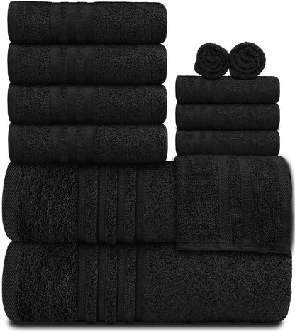 Black 12 Piece Bath Towel Set for Bathroom Wealuxe Collection 2 Bath Towels 4 Hand Towels 6 Washcloths 100% Cotton Soft and Plush Highly Absorbent Soft Towel for Hotel & Spa