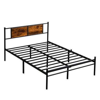 Full Size metal bedframe, Headboard with wood panel decoration, black