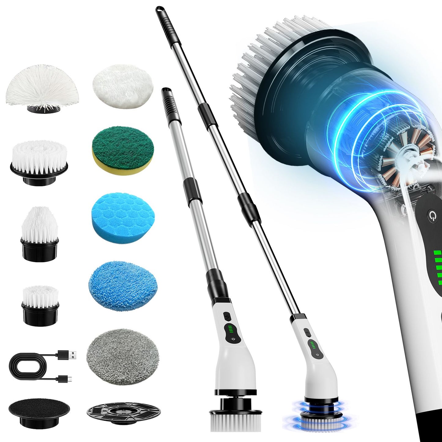 Electric cleaning brush, Electric rotating floor scrubber, Wireless electric rotating washer, Replaceable 9/6 brush heads and adjustable extended handle, USB-C charging cable rotating