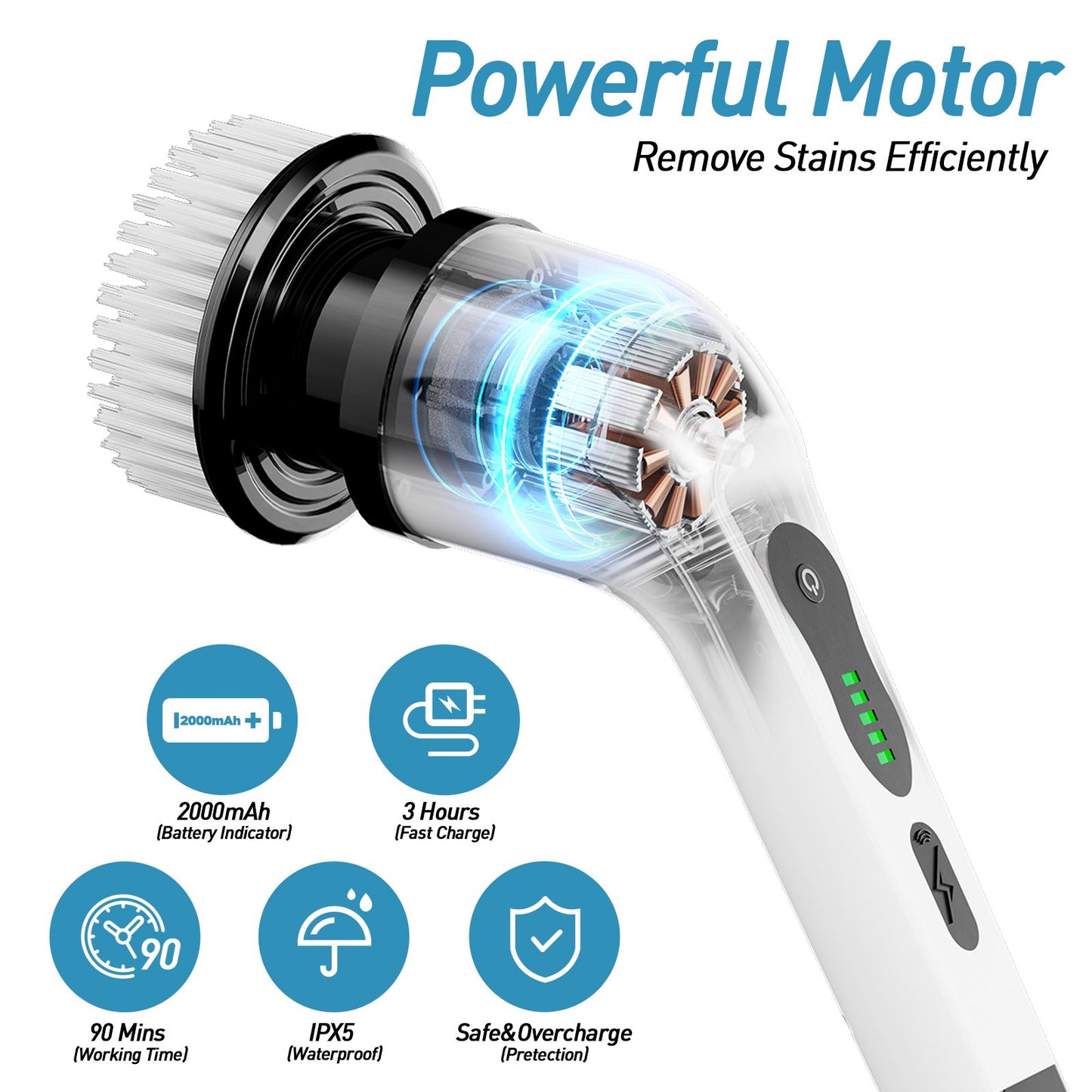 Electric cleaning brush, Electric rotating floor scrubber, Wireless electric rotating washer, Replaceable 9/6 brush heads and adjustable extended handle, USB-C charging cable rotating