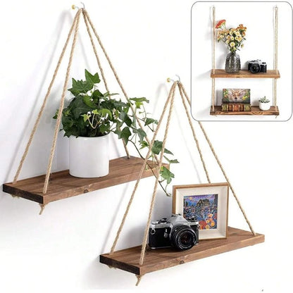 Wooden Swing Hanging Hemp Rope Wall Shelve Mounted Floating Home Living Room Plant Flower Pot Tray Storage Garden Decoration