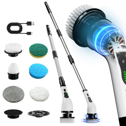 Electric cleaning brush, Electric rotating floor scrubber, Wireless electric rotating washer, Replaceable 9/6 brush heads and adjustable extended handle, USB-C charging cable rotating