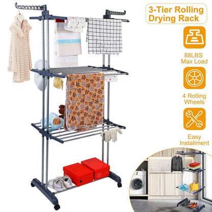 Clothes Drying Rack Rolling Collapsible Laundry Dryer Hanger Stand Rail Shelve Wardrobe Clothing Drying Racks w/ Dual Side Wings