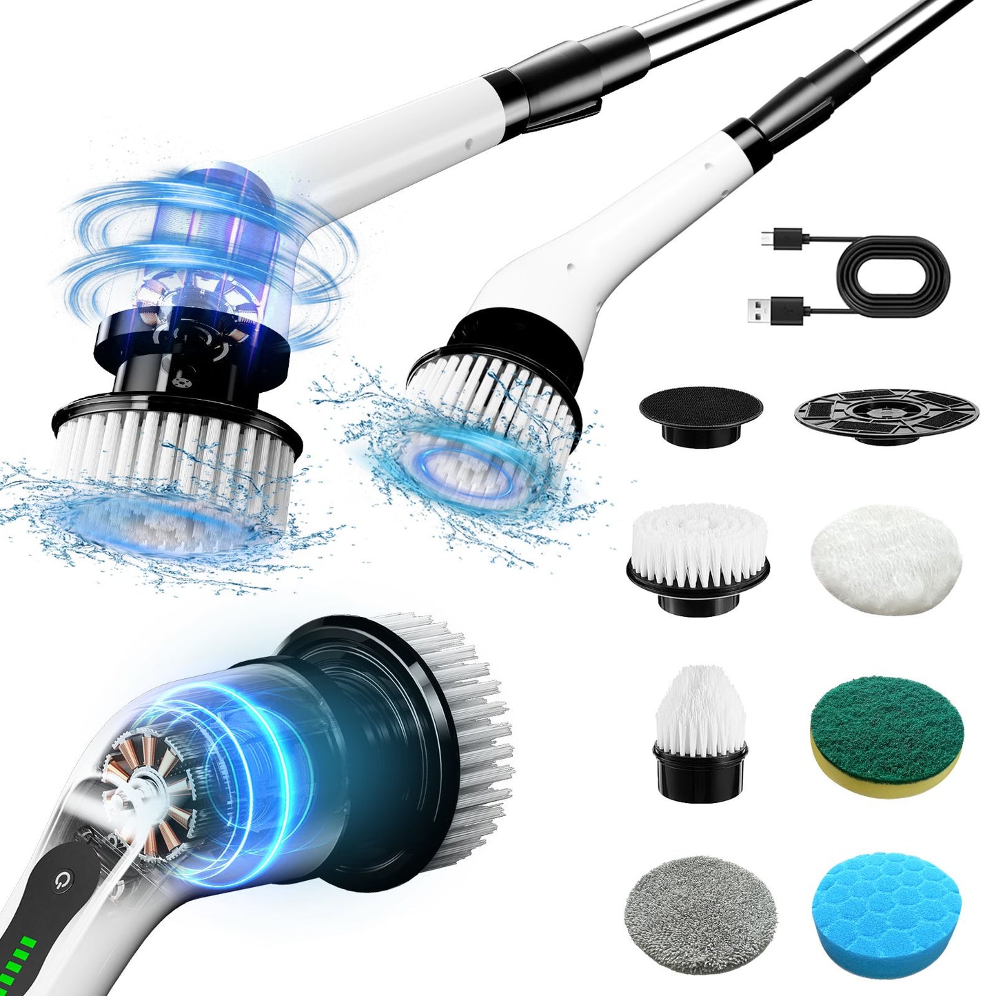 Electric cleaning brush, Electric rotating floor scrubber, Wireless electric rotating washer, Replaceable 9/6 brush heads and adjustable extended handle, USB-C charging cable rotating