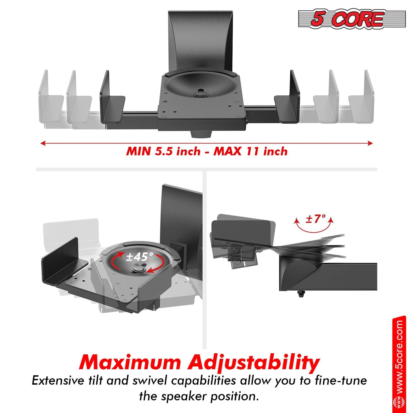 5 CORE Speaker Wall Mount Adjustable Shelf Holder Swivel 180 Degree Bookshelf Brackets - 11 Inch Space for Speakers Pair Holds Upto - 55lbs - WST 04-11 Pair