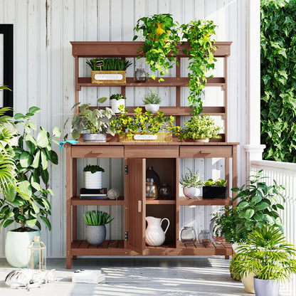 66\\\" Large Outdoor Farmhouse Wooden Potting Bench Table, Garden Workstation with 2 Drawers, Cabinet and Open Shelves for Backyard, Mudroom