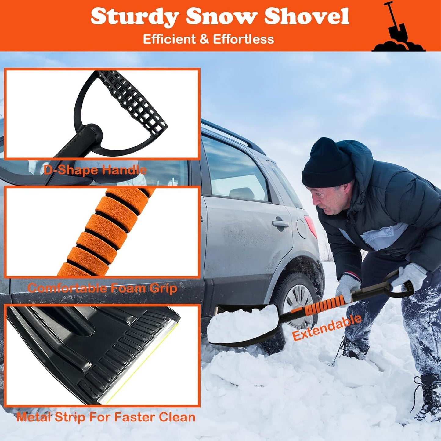 5-in-1 extensible snow broom, car snow brush and snow shovel kit, with car windshield ice scraper, with scraper, foam grip, 270 ° rotary snow brush head and snow shovel for car truck SUV