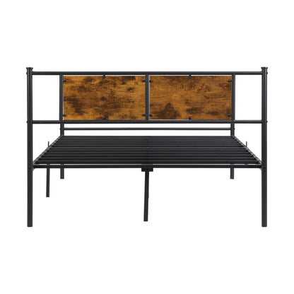 Full Size metal bedframe, Headboard with wood panel decoration, black