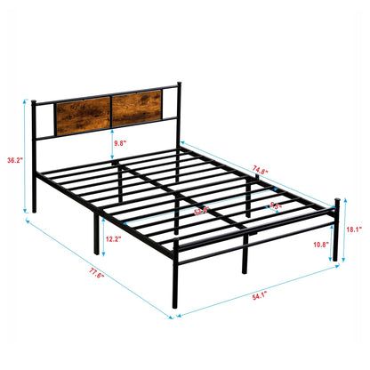 Full Size metal bedframe, Headboard with wood panel decoration, black