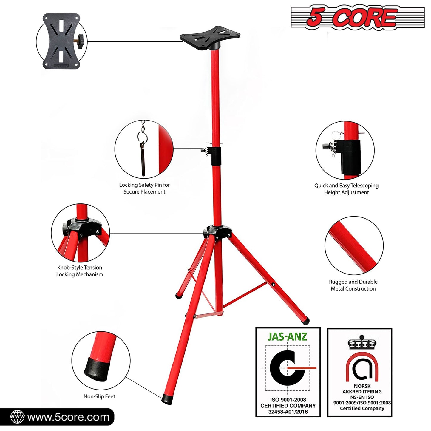 5 Core Speaker Stand Tripod Floor Tall Adjustable Up to 72 Inch DJ Studio Monitor Stands Pole Mount - SS ECO 1PK WOB