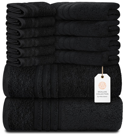 Black 12 Piece Bath Towel Set for Bathroom Wealuxe Collection 2 Bath Towels 4 Hand Towels 6 Washcloths 100% Cotton Soft and Plush Highly Absorbent Soft Towel for Hotel & Spa